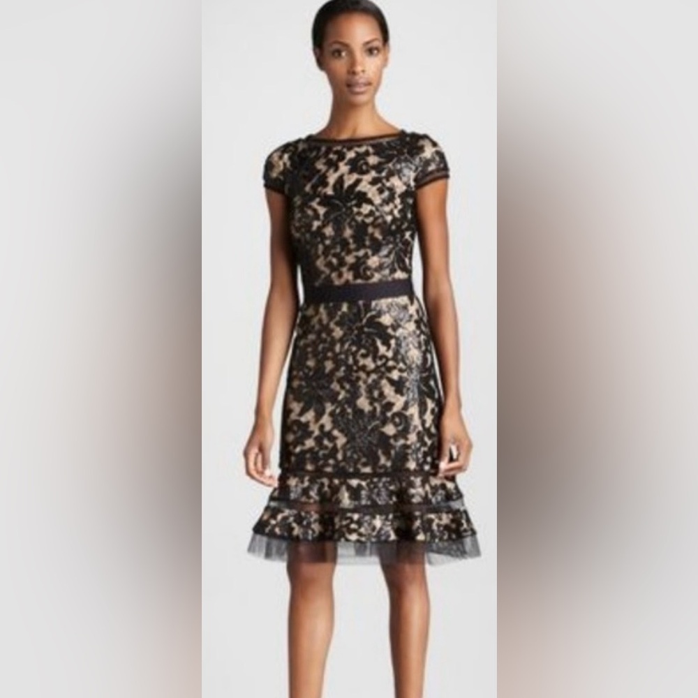 NWT Tadashi Embroidered Lace 3/4 Sleeve
Sheer Illusion Flounce Skirt Dress